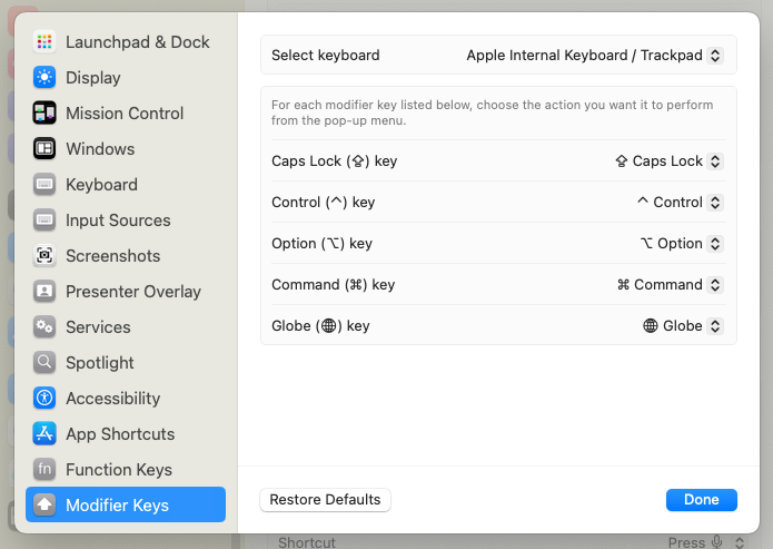 Keyboard remapping preferences